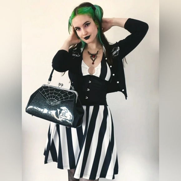 SOURPUSS CLOTHING STRIPES PEEKABOO HALTER DRESS BLACK/WHITE - Picture 3 of 4